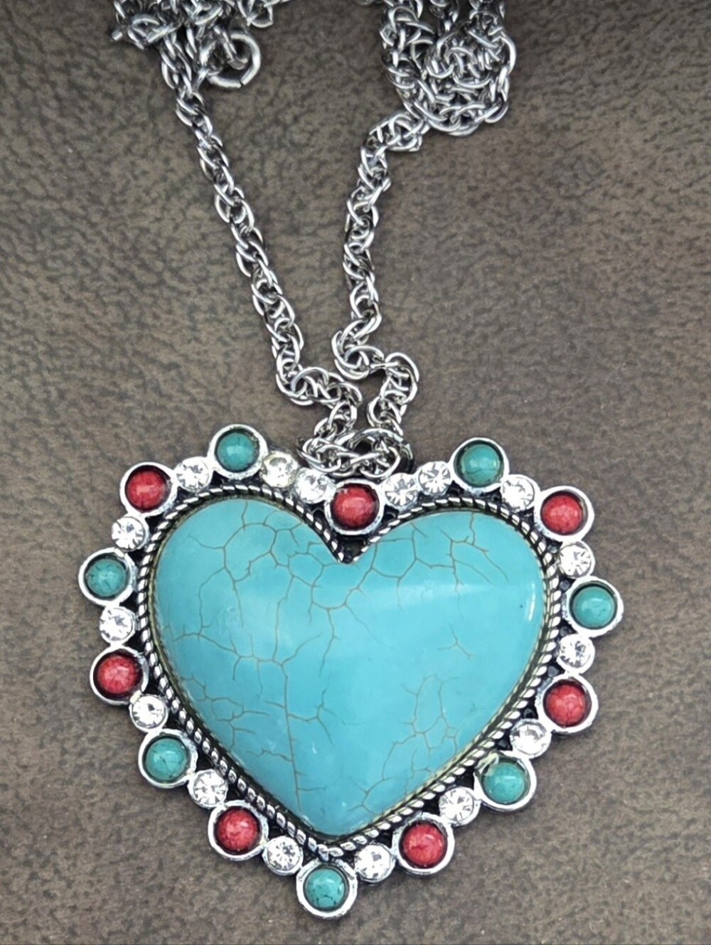 Turquoise Heart Pendant Necklace with Alternating Red, Turquoise & Clear Crystal